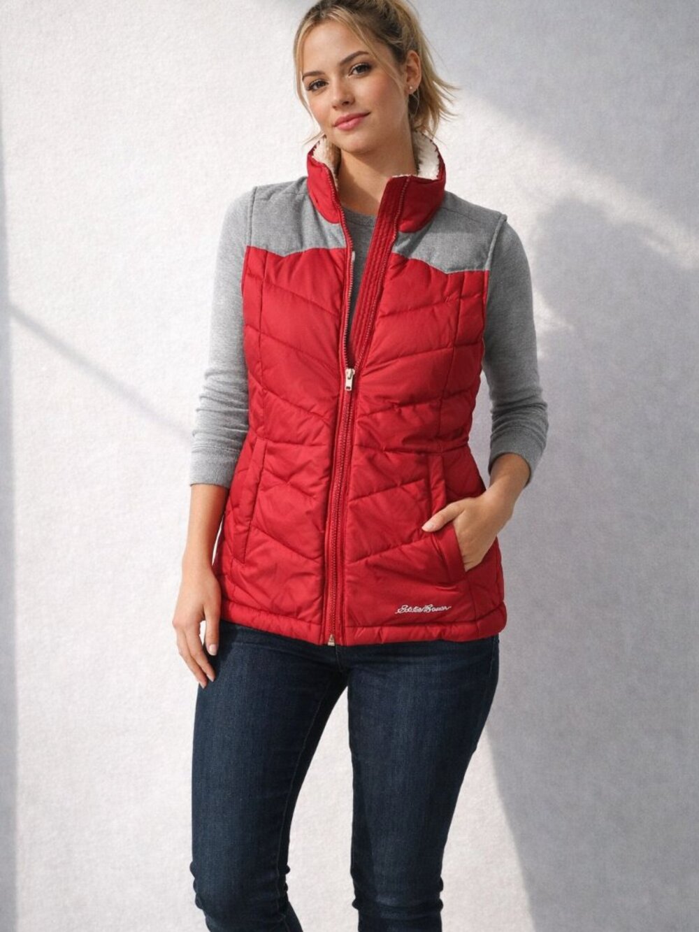 Eddie Bauer EB650 Women's XS Red Down Sherpa Lined Puffer Vest
